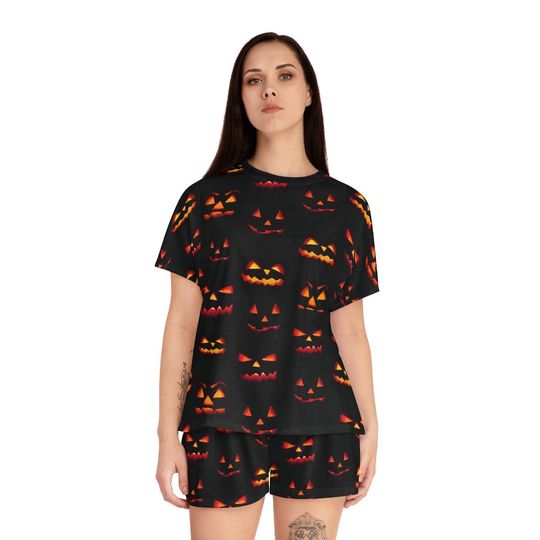 Women's Jack-o-Lantern Pumpkin Shorts Pajamas, Halloween Pyjamas, Gift for Her