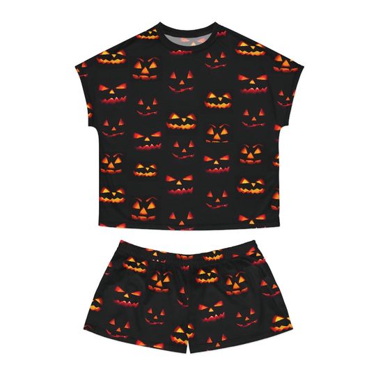 Women's Jack-o-Lantern Pumpkin Shorts Pajamas, Halloween Pyjamas, Gift for Her
