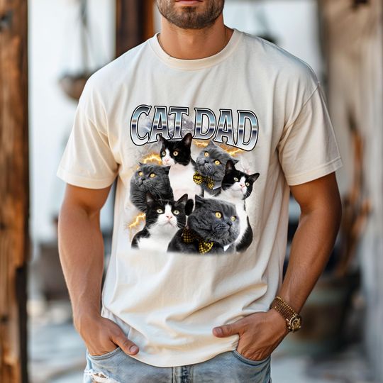 Custom Christmas Cat Dad Shirt - Personalized Photo Gift for Cat Lover, Cat Dad, or Pet Parent - Customizable Bootleg Pet Photo Tee