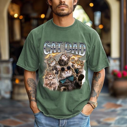 Custom Christmas Cat Dad Shirt - Personalized Photo Gift for Cat Lover, Cat Dad, or Pet Parent - Customizable Bootleg Pet Photo Tee
