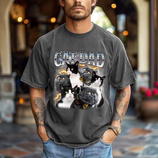 Custom Christmas Cat Dad Shirt - Personalized Photo Gift for Cat Lover, Cat Dad, or Pet Parent - Customizable Bootleg Pet Photo Tee