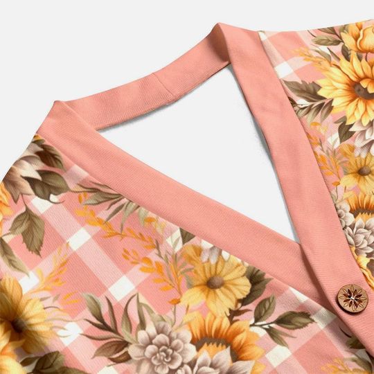 Autumn Mauve Plaid Sunflowers Button Up Cardigan Jacket