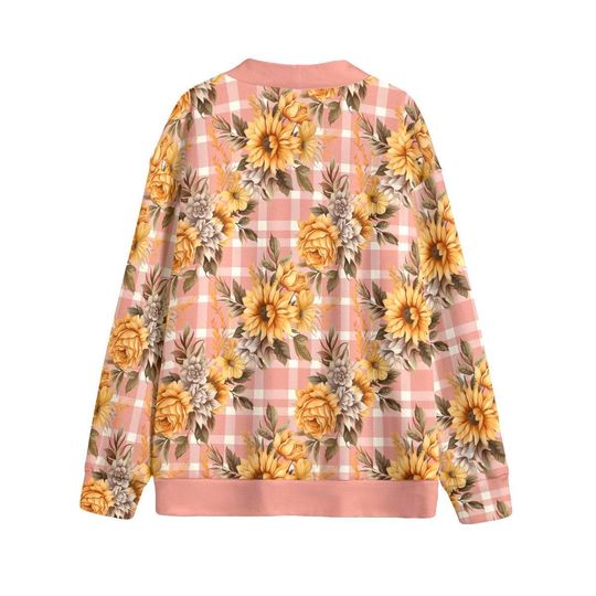 Autumn Mauve Plaid Sunflowers Button Up Cardigan Jacket