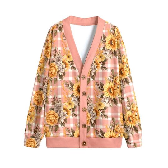 Autumn Mauve Plaid Sunflowers Button Up Cardigan Jacket