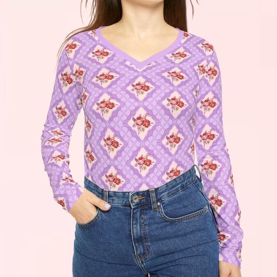 Charming Nature Lace Frames Womens Long Sleeve Vneck Shirt