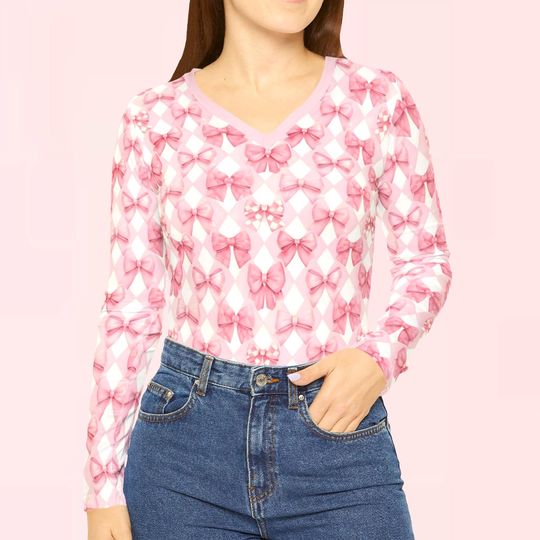 Coquette Harlequin Bows Womens Long Sleeve Vneck Shirt