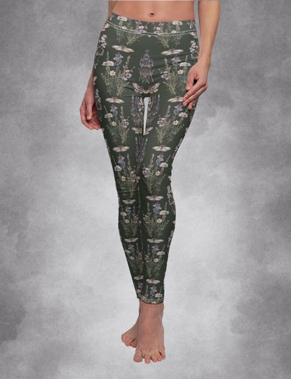 Dark Cottagecore Green Witch Wildflowers Moth Leggings