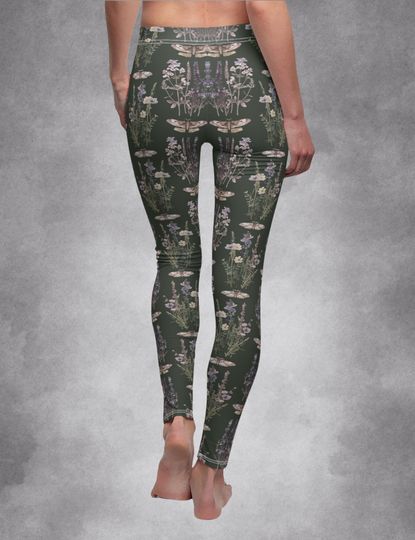 Dark Cottagecore Green Witch Wildflowers Moth Leggings