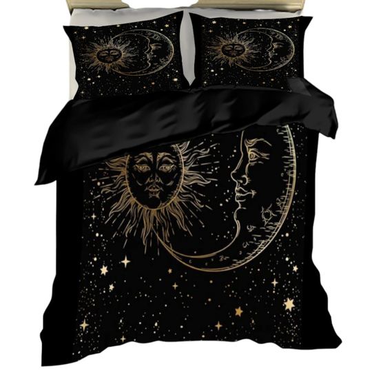 Black and Gold Celestial Bedding Set with Moon and Star Quilt