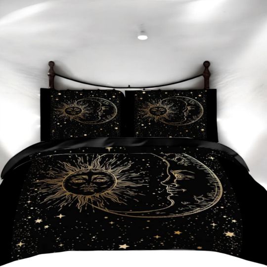 Black and Gold Celestial Bedding Set with Moon and Star Quilt