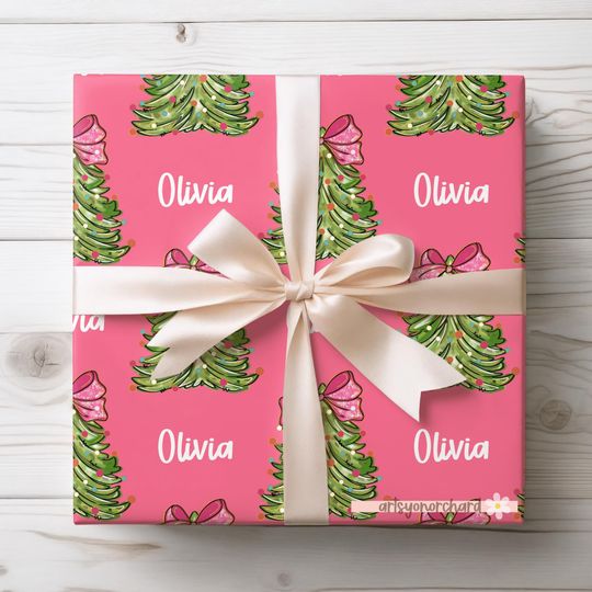 Pink Preppy Coquette Bow Christmas Tree Wrapping Paper with Personalized Name