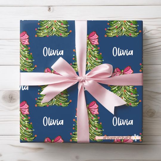 Pink Preppy Coquette Bow Christmas Tree Wrapping Paper with Personalized Name