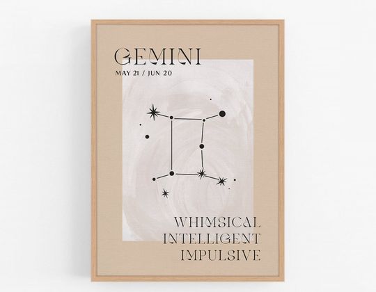 Zodiac, Gemini, Gift, Birthday, Astrology, Star Sign, Art Print, Poster, Boho Decor