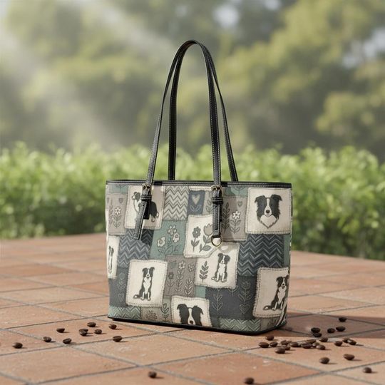 Patchwork Border Collie Leather Tote Bag, Dog Pattern PU Leather Shoulder Bag
