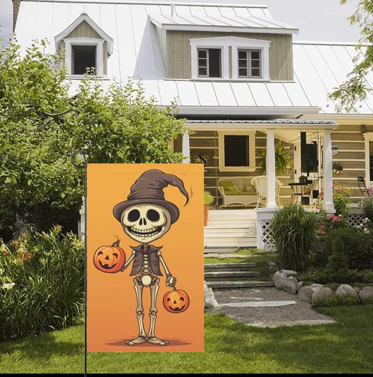 Skeleton Garden Flag, Fall Autumn Pumpkin Halloween Home Banner Spooky