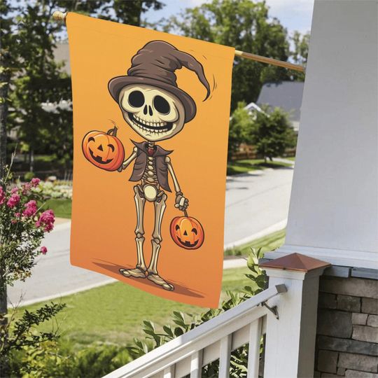 Skeleton Garden Flag, Fall Autumn Pumpkin Halloween Home Banner Spooky