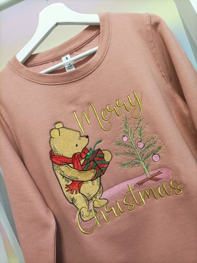 Vintage Gold Merry Christmas Classic Pooh Bear Adults Embroidered Sweatshirt. Winnie the Pooh Sweater Jumper Family Set