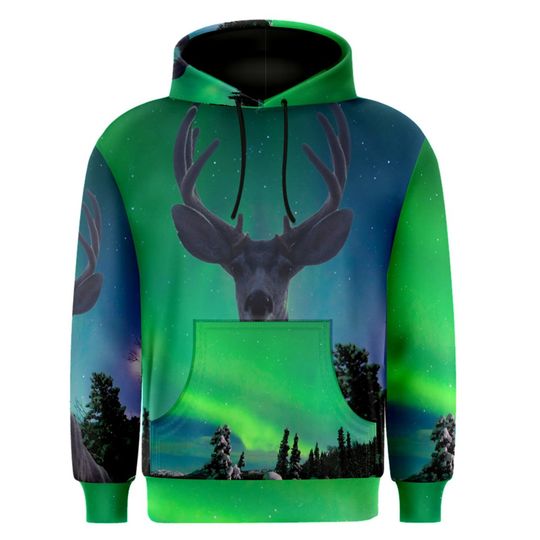 Curious deer in the Northern Lights Aurora borealis over moon 3D Hoodie