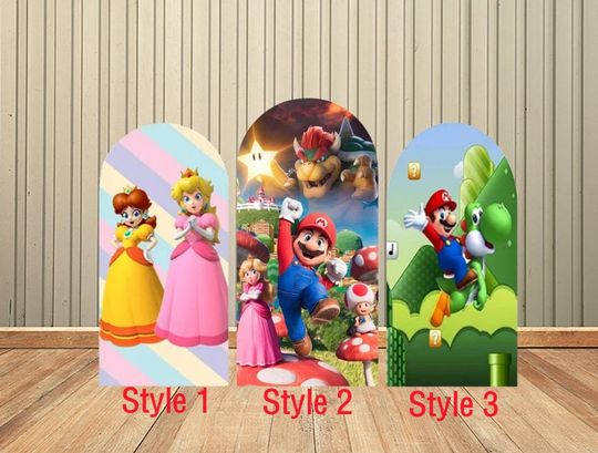 Cartoon Princess Peach Super Mario Bros Single -Sided Arch Backdrop Wall for Newborn Baby Shower Birthday Party Backdrop Wall Decor Supplies