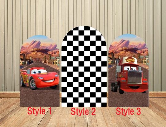 Black Checker Cars Double-Sided Arch Cover Backdrop Wall for Kids Baby Shower Birthday Party Background Wall Decoration Supplies