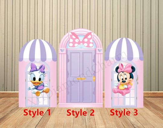 Cartoon Pink Minnie Birthday Arch Cover, Backdrop Wall for Daisy Duck Kids Baby Shower Birthday Party Backdrop Wall Decoration Supplies