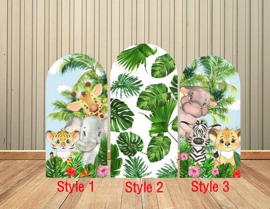 Jungle Safari Birthday Arched Backdrop Cover, Wall Chiara Arch Backdrop Baby Shower Background Photography Green Leaves Banner Arch Backdrop