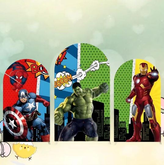 The Avengers Arch Backdrop Cover, Cartoon Marvel Superhero Baby Shower Boys Birthday Party Photography Background Decor