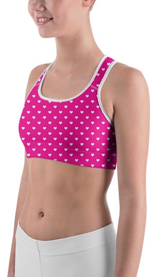 White Mini Hearts Pink Sports Bra