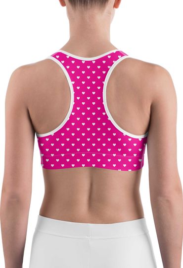 White Mini Hearts Pink Sports Bra