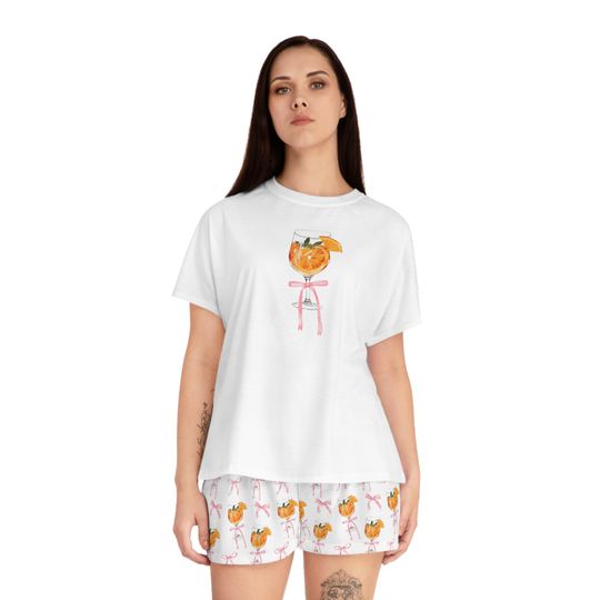 Aperol Spritz Pajamas Bachelorette Pajama Set, Matching Pajama Bridal Pajamas Set Girly Cute Coquette Pajamas Pink Bow Pajamas