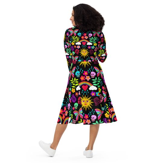 Sweet Spring Garden All-Over Print Long Sleeve Midi Dress