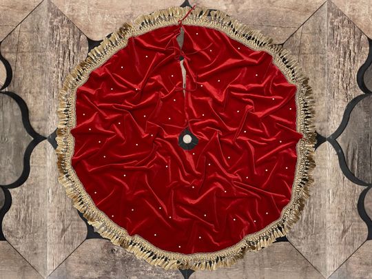 Christmas Tree Skirt with Gold Tassels, Red Velvet, Stud Crystals