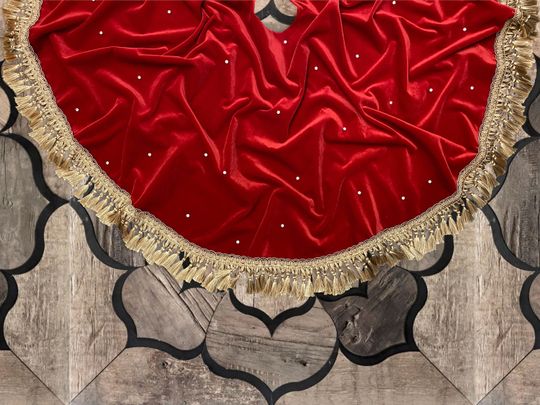 Christmas Tree Skirt with Gold Tassels, Red Velvet, Stud Crystals