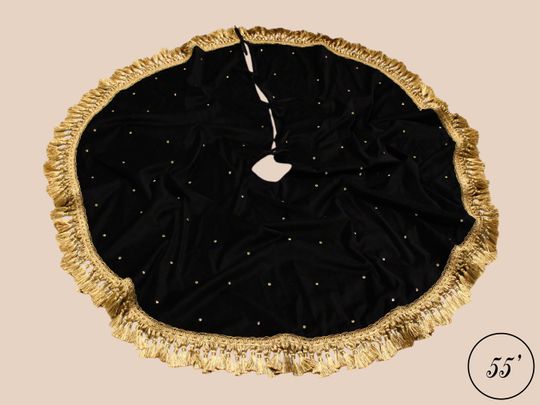 Christmas Tree Skirt with Gold Tassels, Red Velvet, Stud Crystals