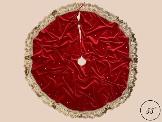 Christmas Tree Skirt with Gold Tassels, Red Velvet, Stud Crystals