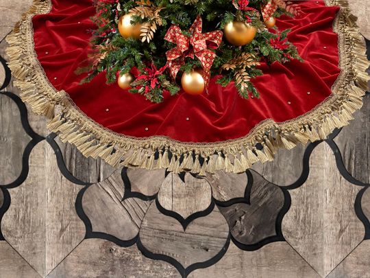 Christmas Tree Skirt with Gold Tassels, Red Velvet, Stud Crystals