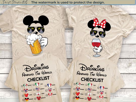 Mickey Beer Minnie Wine Front and Back, Epcot Drinking Around The World Shirt