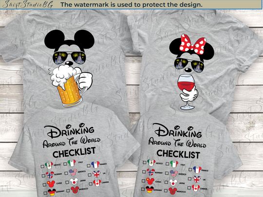 Mickey Beer Minnie Wine Front and Back, Epcot Drinking Around The World Shirt