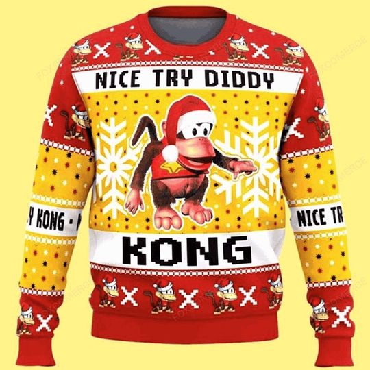 Nice Try Diddy Kong Meme Donkey Kong Ugly Christmas Sweater
