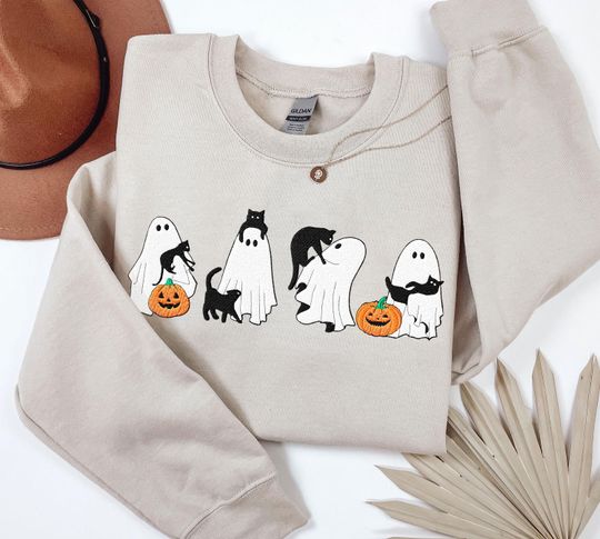 Cute Ghosts & Cats Halloween Sweatshirt EMBROIDERED