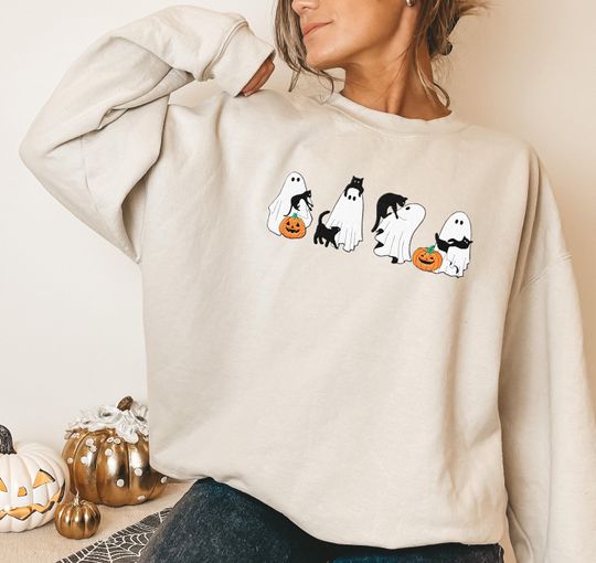 Cute Ghosts & Cats Halloween Sweatshirt EMBROIDERED
