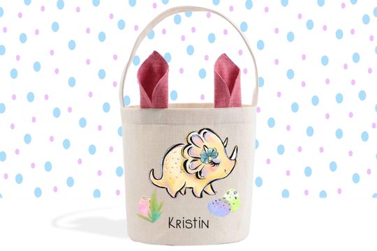 Yellow Dinosaur Personalized Easter Basket, Easter Pail, Cute Bunny Ears Easter Gift Basket