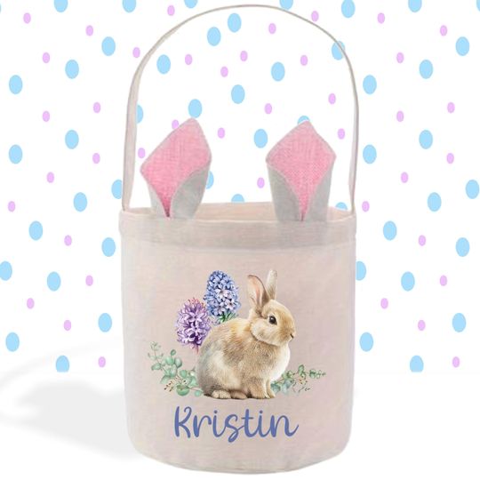 Personalized Easter Basket with Vintage Bunny Print, Kids Easter Bunny Bag, Easter Egg Hunt