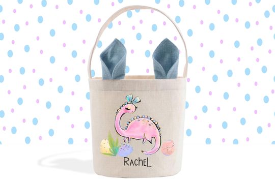 Pink Dinosaur Personalized Easter Basket, Easter Pail, Cute Bunny Ears Easter Gift Basket