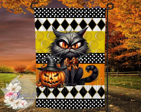 Scary Cat & Pumpkin Halloween Garden Flag Design, Halloween Flag, Sublimation Design