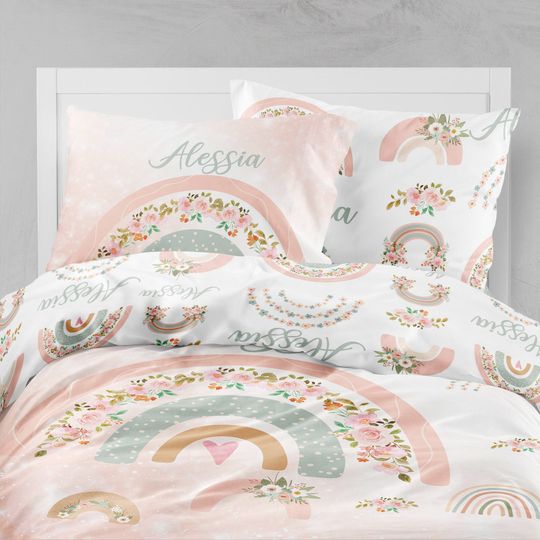 Custom Rainbow Floral Bedding Set: Personalized Girl Duvet Cover