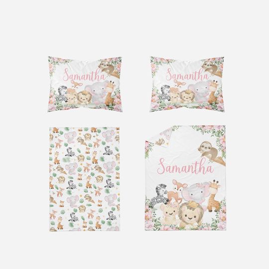Safari Animals Girl Bedding Set: Personalized Comforter, Twin, Full, Queen, King