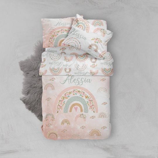 Custom Rainbow Floral Bedding Set: Personalized Girl Duvet Cover