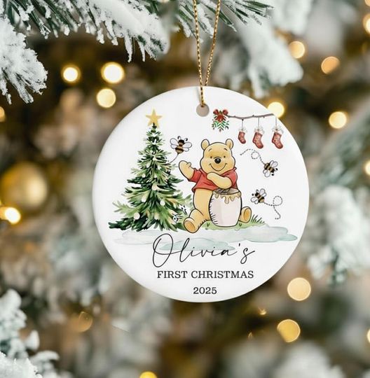 Personalized Pooh First Christmas Ornament, Custom Ceramic Keepsake
