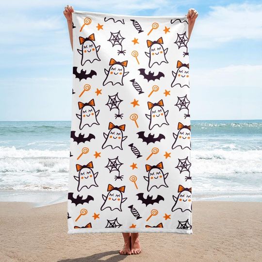 Girls Halloween Beach Towel: Ghost, Bat & Pumpkin Design